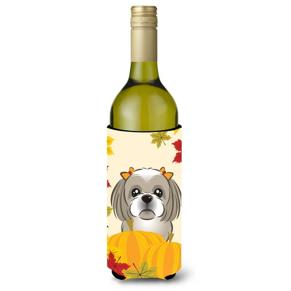 Carolines Treasures BB2056LITERK Gray Silver Shih Tzu Thanksgiving Wine Bottle beverage Insulator Hugger , Wine Bottle,