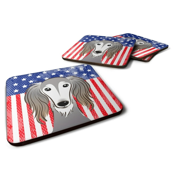 Carolines Treasures BB2159FC American Flag and Saluki Foam Coaster Set of 4 3 1/2 x 3 1/2 multicolor