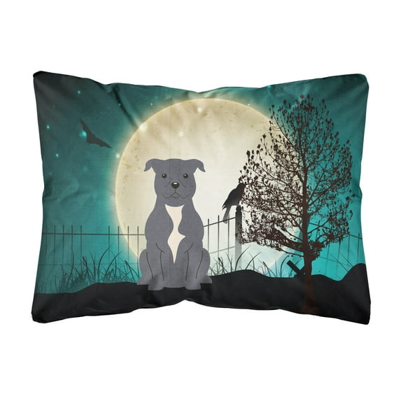 Carolines Treasures BB2236PW1216 Halloween Scary Staffordshire Bull Terrier Blue Canvas Fabric Decorative Pillow, 12H