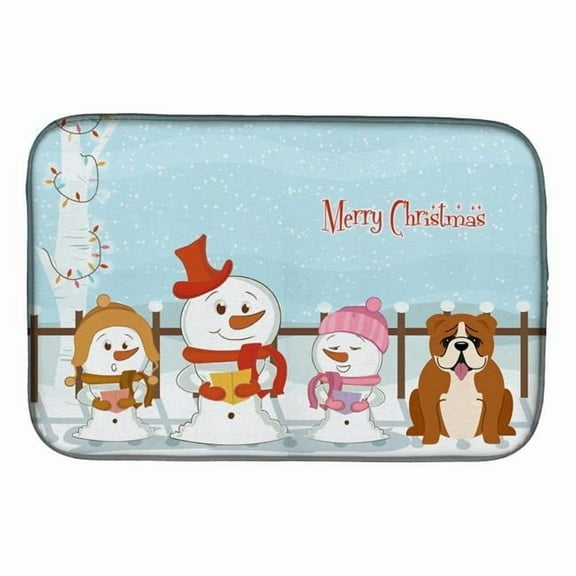 Merry Christmas Carolers English Bulldog Red White Dish Drying Mat
