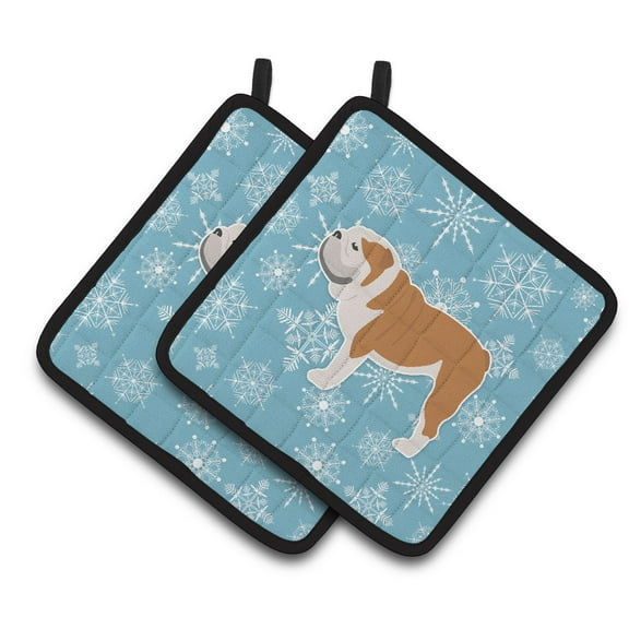 Carolines Treasures BB3562PTHD Winter Snowflake English Bulldog Pair of Pot Holders , 7.5HX7.5W, multicolor