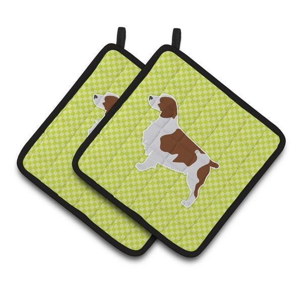 Carolines Treasures BB3800PTHD Welsh Springer Spaniel Checkerboard Green Pair of Pot Holders , 7.5HX7.5W, multicolor
