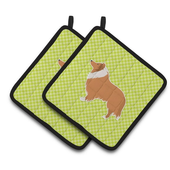 Carolines Treasures BB3816PTHD Collie Checkerboard Green Pair of Pot Holders , 7.5HX7.5W, multicolor