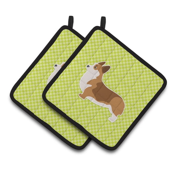Carolines Treasures BB3820PTHD Corgi Checkerboard Green Pair of Pot Holders , 7.5HX7.5W, multicolor