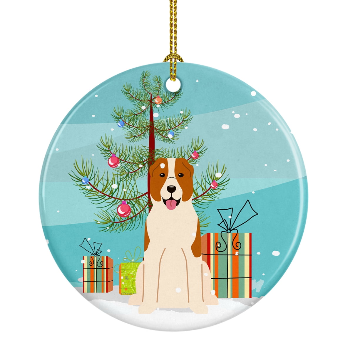 Carolines Treasures BB4174CO1 Merry Christmas Tree Central Asian Shepherd Dog Ceramic Ornament 3 in multicolor