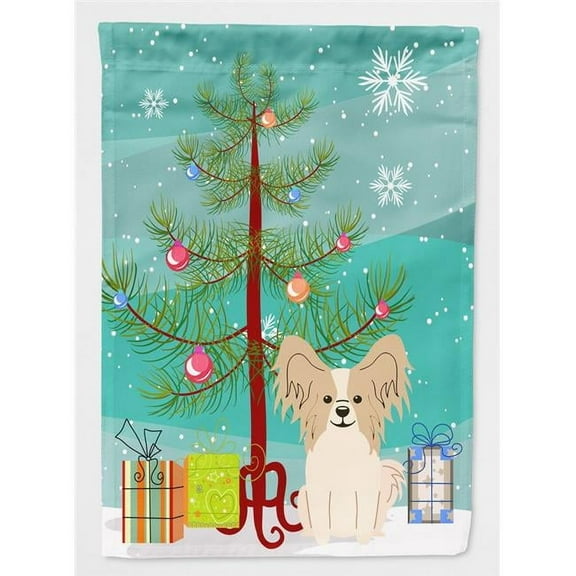 Caroline's Treasures BB4202GF Merry Christmas Tree Papillon Sable White Flag Garden Size , Small, multicolor