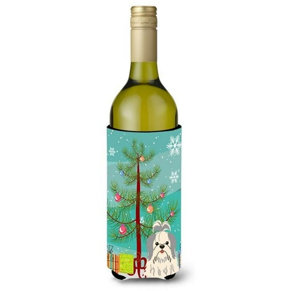 Carolines Treasures BB4210LITERK Merry Christmas Tree Shih Tzu Silver & White Wine Bottle Beverge Insulator Hugger