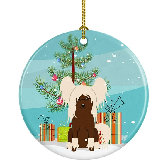 Carolines Treasures BB4238CO1 Merry Christmas Tree Chinese Crested Cream Ceramic Ornament 3 in multicolor
