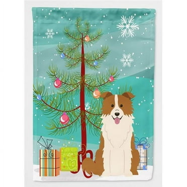 Carolines Treasures BB4244CHF Merry Christmas Tree Border Collie Red & White Flag Canvas House Size