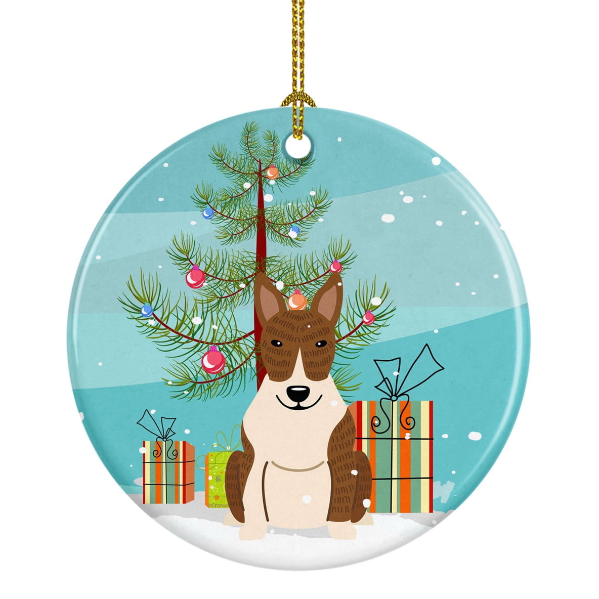 Carolines Treasures BB4262CO1 Merry Christmas Tree Bull Terrier Brindle Ceramic Ornament 3 in multicolor
