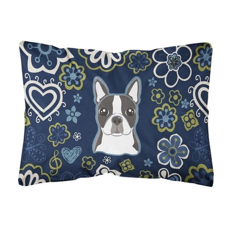 Carolines Treasures BB5054PW1216 Blue Flowers Boston Terrier Canvas Fabric Decorative Pillow