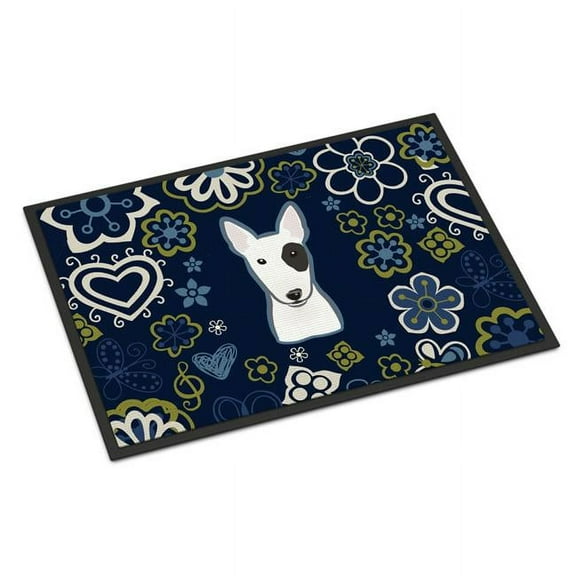 Carolines Treasures BB5060MAT 18 x 27 in. Blue Flowers Bull Terrier Indoor or Outdoor Mat
