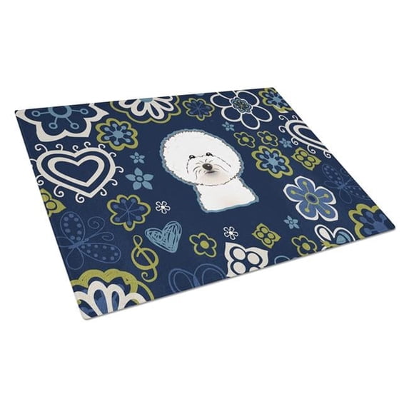 Carolines Treasures BB5068LCB Blue Flowers Bichon Frise Glass Cutting Board Large, 12H x 16W, multicolor