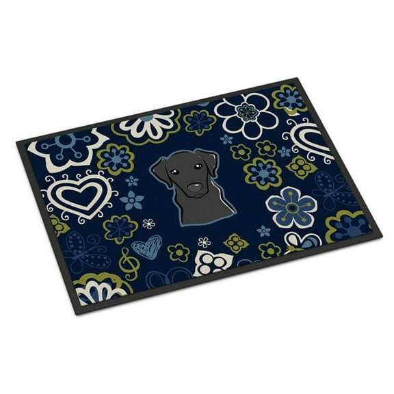 Carolines Treasures BB5086MAT 18 x 27 in. Blue Flowers Black Labrador Indoor or Outdoor Mat