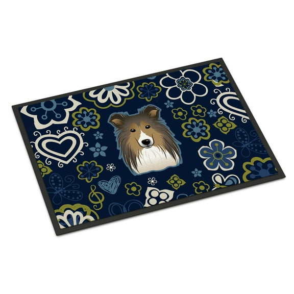 Carolines Treasures BB5093JMAT 24 x 36 in. Blue Flowers Sheltie Indoor or Outdoor Mat