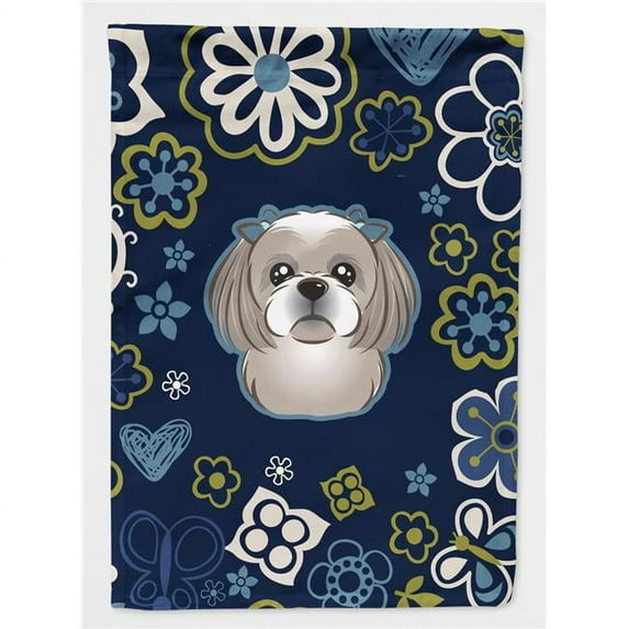 Blue Flowers Gray Silver Shih Tzu Flag Garden Size