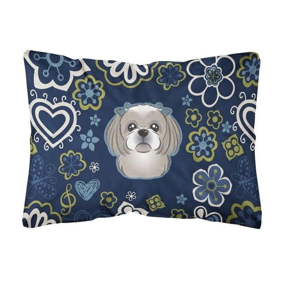 Carolines Treasures BB5101PW1216 Blue Flowers Gray Silver Shih Tzu Canvas Fabric Decorative Pillow