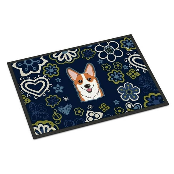 Carolines Treasures BB5105MAT 18 x 27 in. Blue Flowers Red Corgi Indoor or Outdoor Mat