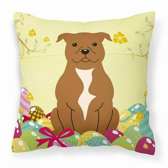 Caroline's Treasures BB6047PW1414 Easter Eggs Staffordshire Bull Terrier Brown Fabric Decorative Pillow , 14Hx14W,