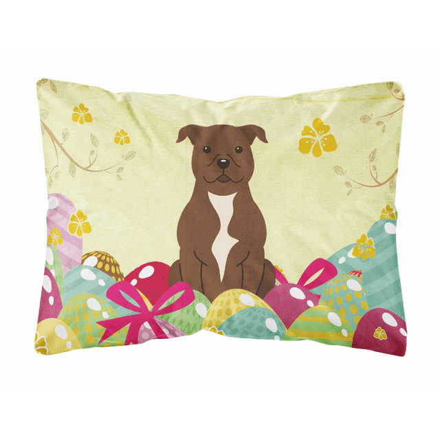 Carolines Treasures BB6048PW1216 Easter Eggs Staffordshire Bull Terrier Chocolate Canvas Fabric Decorative Pillow, 12H