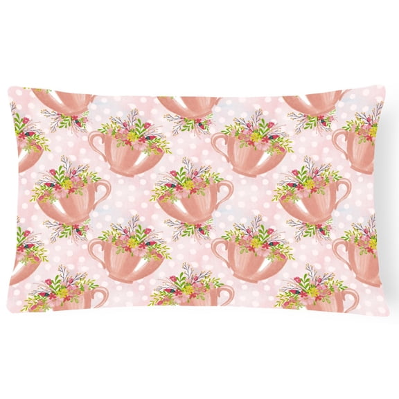 Carolines Treasures BB7481PW1216 Tea Cup and Flowers Pink Canvas Fabric Decorative Pillow  12H x16W multicolor