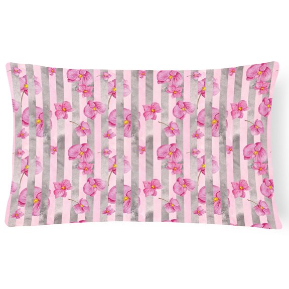 Carolines Treasures BB7502PW1216 Watercolor Pink Flowers Grey Stripes Canvas Fabric Decorative Pillow 12H x16W