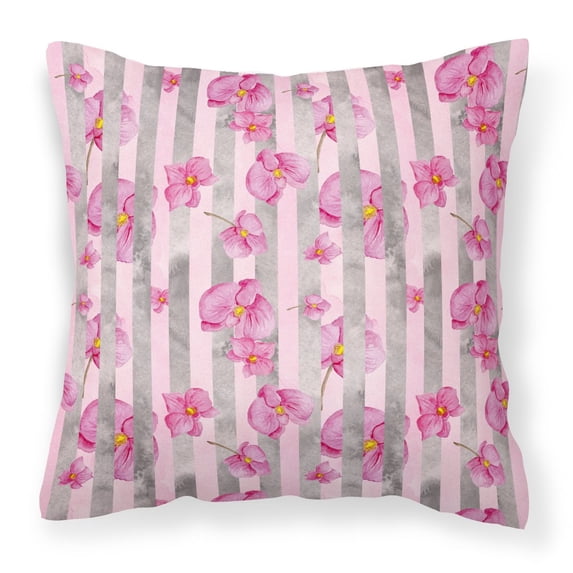 Carolines Treasures BB7502PW1818 Watercolor Pink Flowers Grey Stripes Fabric Decorative Pillow 18H x18W multicolor