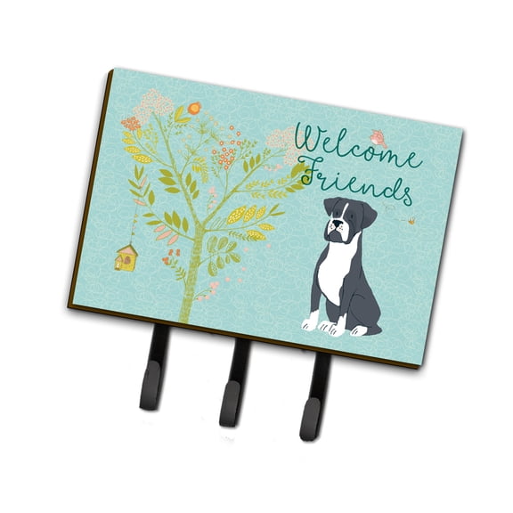 Carolines Treasures BB7581TH68 Welcome Friends Black Boxer Leash or Key Holder Triple multicolor