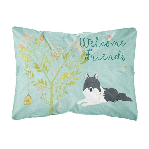 Carolines Treasures BB7583PW1216 Welcome Friends Black White Collie Canvas Fabric Decorative Pillow  12H x16W multicolor