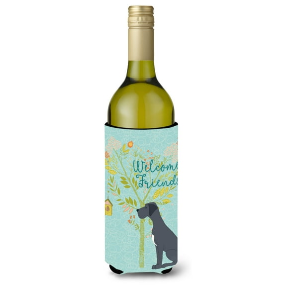 Carolines Treasures BB7587LITERK Welcome Friends Black Great Dane Wine Bottle Beverge Insulator Hugger Wine Bottle
