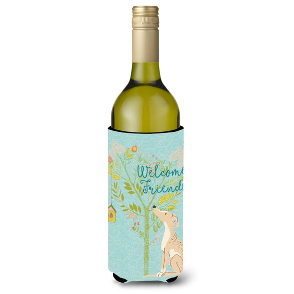 Carolines Treasures BB7591LITERK Welcome Friends Brindle Greyhound Wine Bottle Beverge Insulator Hugger Wine Bottle