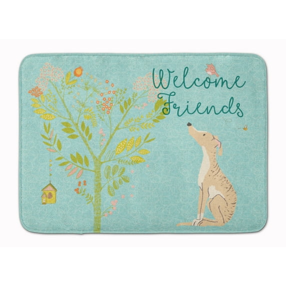 Carolines Treasures BB7591RUG Welcome Friends Brindle Greyhound Machine Washable Memory Foam Mat 19 X 27" multicolor