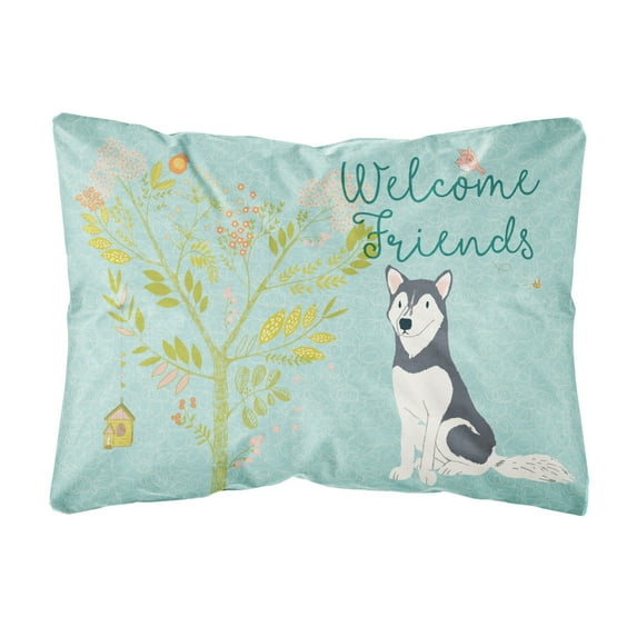 Carolines Treasures BB7594PW1216 Welcome Friends Siberian Husky Canvas Fabric Decorative Pillow  12H x16W multicolor