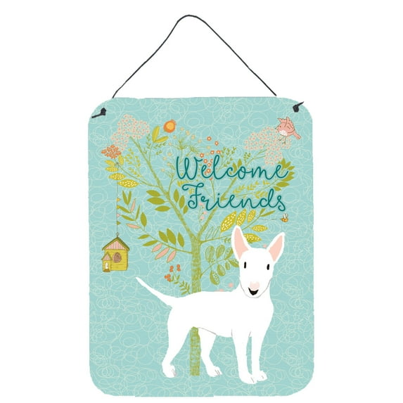 Carolines Treasures BB7606DS1216 Welcome Friends White Bull Terrier Wall or Door Hanging Prints 12x16 multicolor