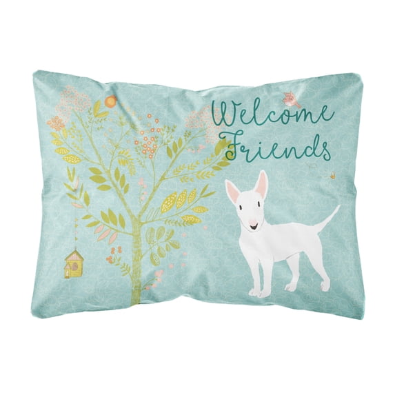 Carolines Treasures BB7606PW1216 Welcome Friends White Bull Terrier Canvas Fabric Decorative Pillow 12H x16W multicolor