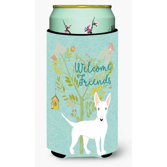Carolines Treasures BB7606TBC Welcome Friends White Bull Terrier Tall Boy Beverage Insulator Hugger Tall Boy multicolor