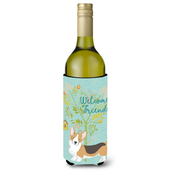Carolines Treasures BB7610LITERK Welcome Friends Pembroke Welsh Corgi Tricolor Wine Bottle Beverge Insulator Hugger