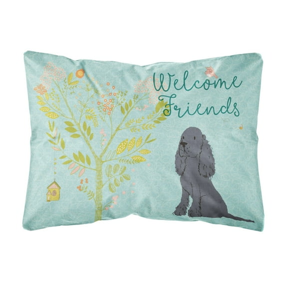 Carolines Treasures BB7618PW1216 Welcome Friends Black Cocker Spaniel Canvas Fabric Decorative Pillow 12H x16W