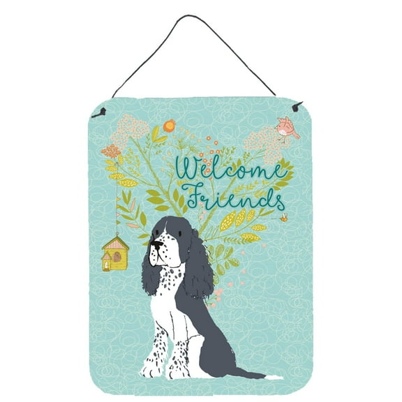 Carolines Treasures BB7621DS1216 Welcome Friends Black Springer Spaniel Wall or Door Hanging Prints 12x16 multicolor