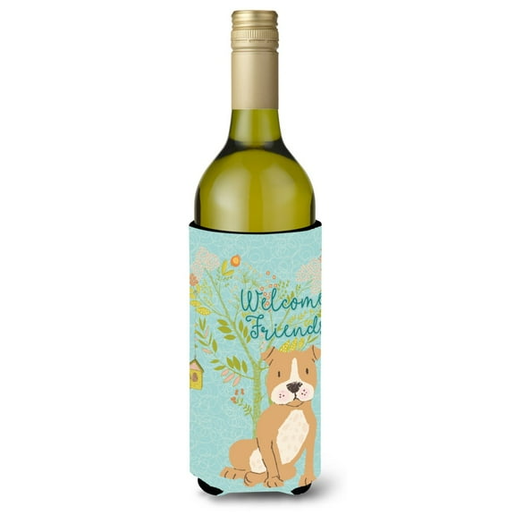 Carolines Treasures BB7624LITERK Welcome Friends Brown Staffie Wine Bottle Beverge Insulator Hugger Wine Bottle
