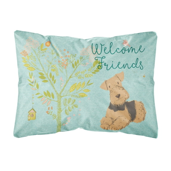 Carolines Treasures BB7625PW1216 Welcome Friends Airedale Terrier Canvas Fabric Decorative Pillow  12H x16W multicolor