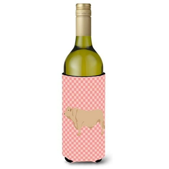 Carolines Treasures BB7826LITERK Charolais Cow Pink Check Wine Bottle Beverge Insulator Hugger