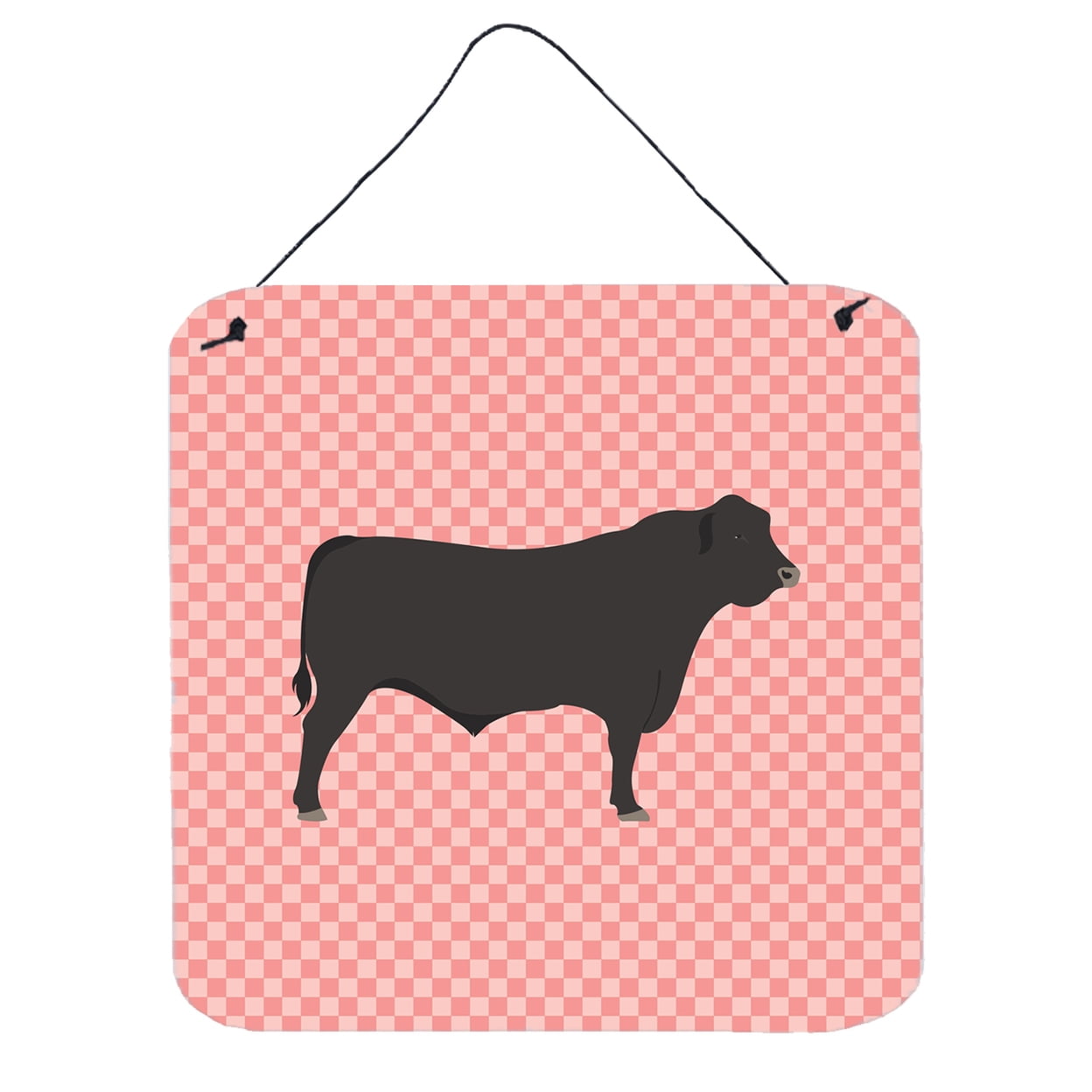 Black Angus Cow Pink Check Metal Wall Hanging Print, 6" x 6"
