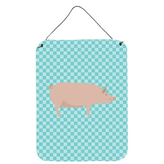 Caroline's Treasures BB8112DS1216 English Large White Pig Blue Check Wall or Door Hanging Prints, 12x16, multicolor