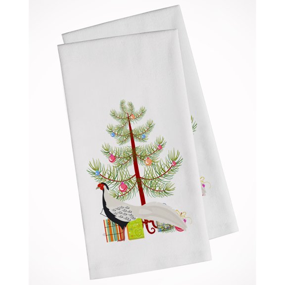 Carolines Treasures BB9296WTKT Silver Pheasant Christmas White Kitchen Towel Set of 2 Dish Towels Teal 19 X 25"