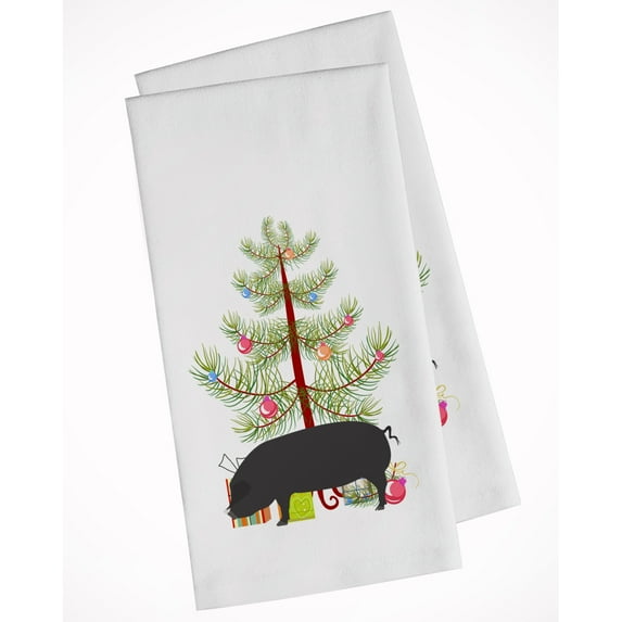 Carolines Treasures BB9298WTKT Devon Large Black Pig Christmas White Kitchen Towel Set of 2 Dish Towels Teal 19 X 25"