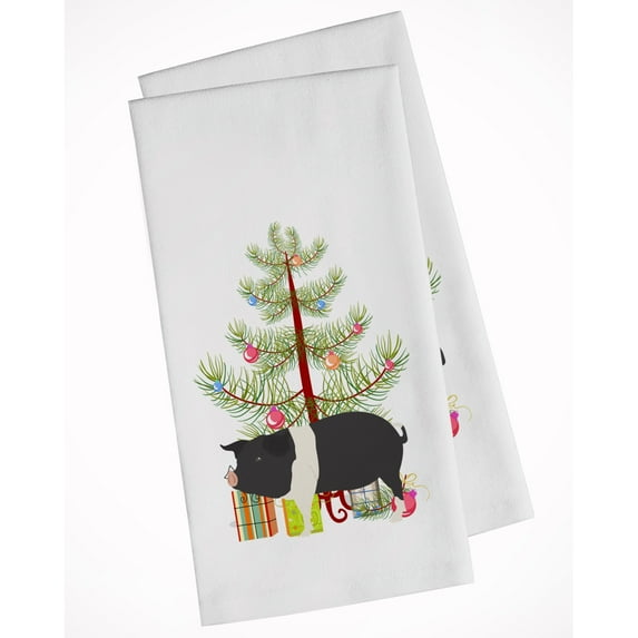 Carolines Treasures BB9306WTKT Hampshire Pig Christmas White Kitchen Towel Set of 2 Dish Towels Teal 19 X 25" multicolor