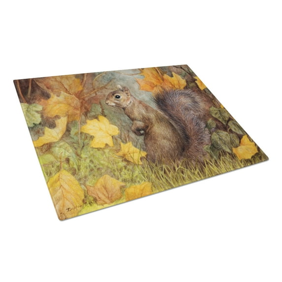 Carolines Treasures BDBA0097LCB Grey Squirrel in Fall Leaves Glass Cutting Board Large, 12H x 16W, multicolor
