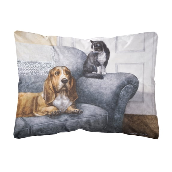 Carolines Treasures BDBA0182PW1216 Basset Hound and Cat on couch Fabric Decorative Pillow 12H x16W multicolor