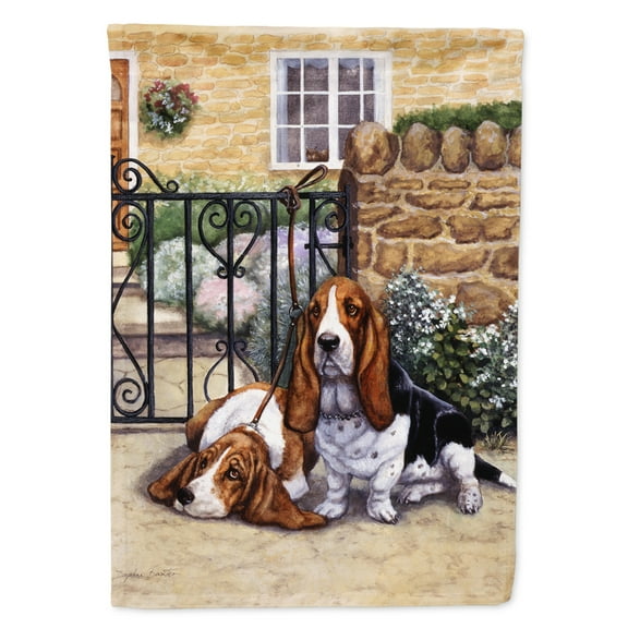 Carolines Treasures BDBA0312GF Basset Hound at the gate Flag Garden Size Small multicolor